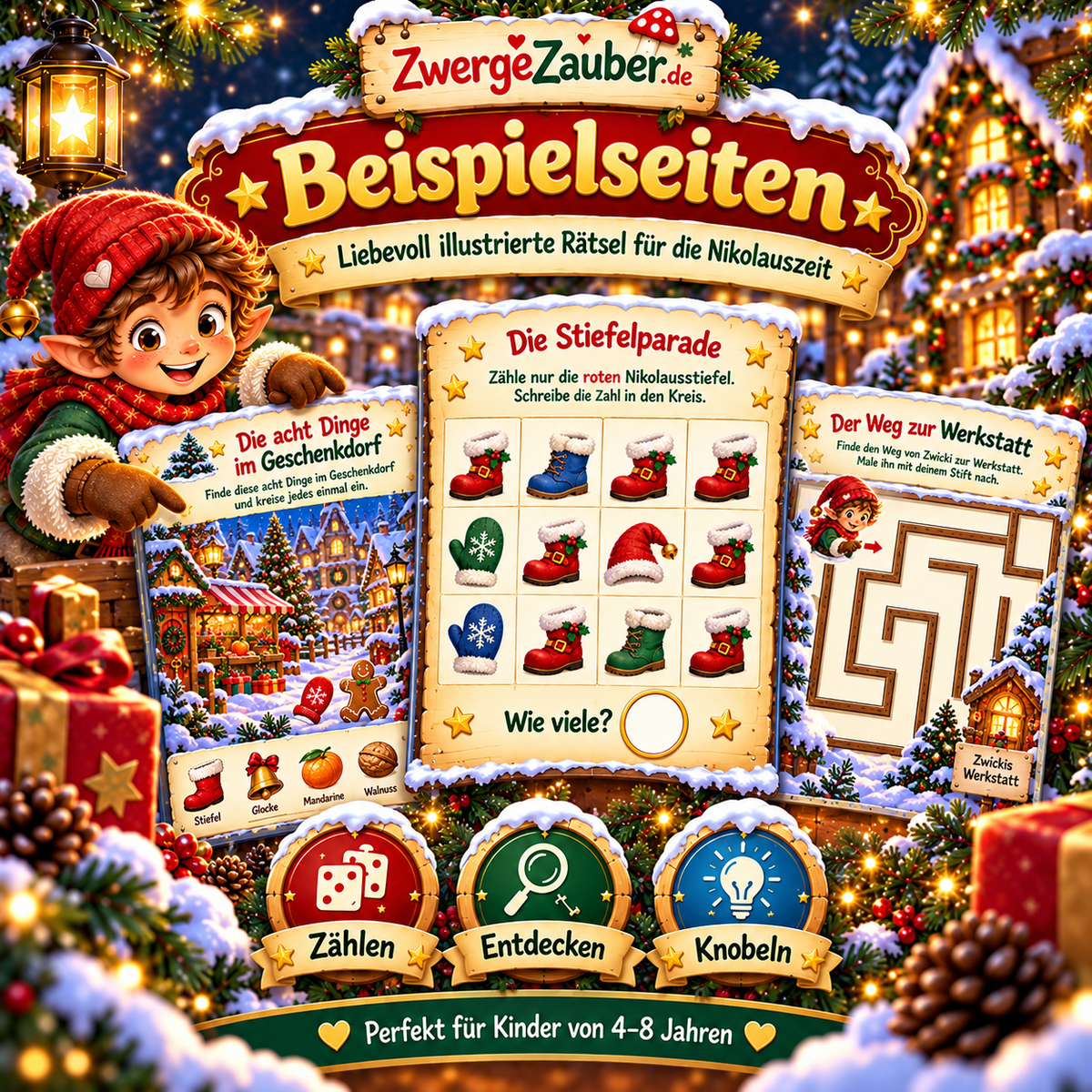 Illustrierte Beispielrätsel aus Zwickis Nikolaus-Rätselheft mit Stiefel-Zählspiel, weihnachtlichem Suchbild und Labyrinth.