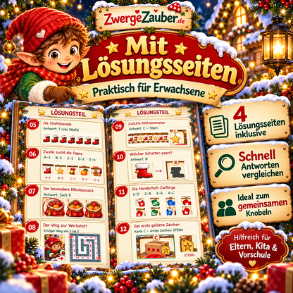 Verkaufsbild mit Einblick in die vier illustrierten Lösungsseiten des Nikolaus-Rätselhefts, zum gemeinsamen Knobeln und Überprüfen.