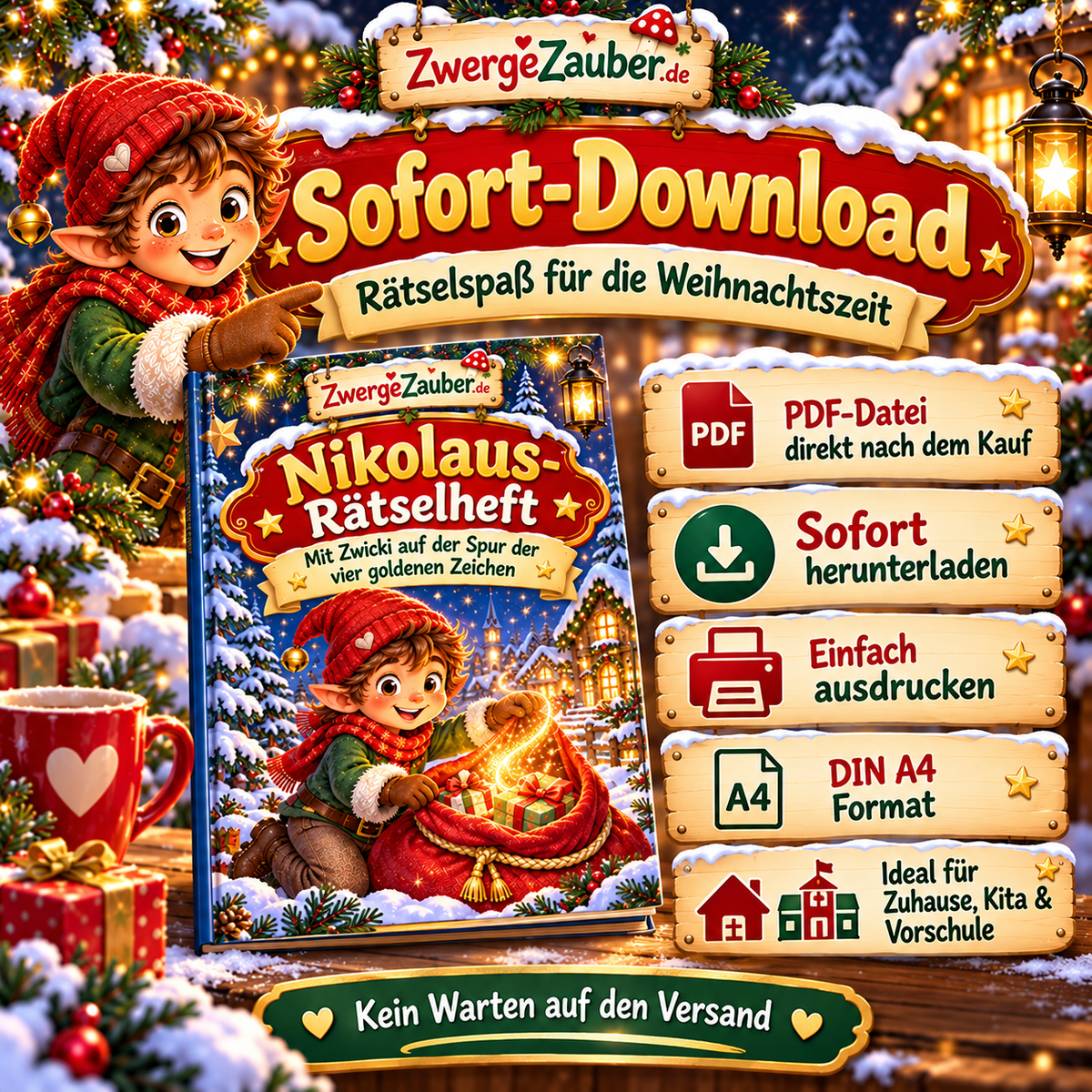 Sofort-Download des Nikolaus-Rätselhefts mit Zwicki als digitale PDF-Datei im DIN-A4-Format zum Ausdrucken.