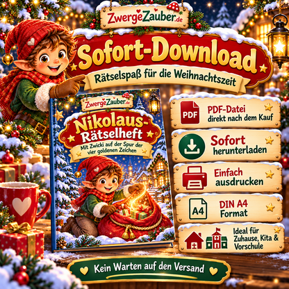 Sofort-Download des Nikolaus-Rätselhefts mit Zwicki als digitale PDF-Datei im DIN-A4-Format zum Ausdrucken.