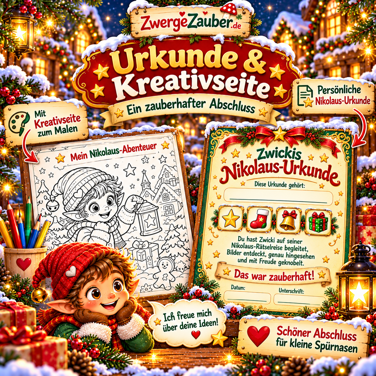 Festliche Nikolaus-Urkunde mit Zwicki und kreative Mal- und Erinnerungsseite als Abschluss des Nikolaus-Rätselhefts.