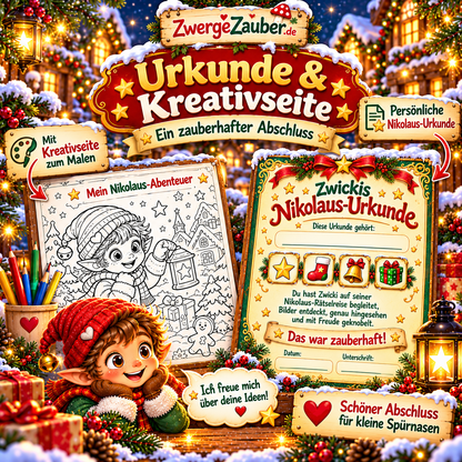 Festliche Nikolaus-Urkunde mit Zwicki und kreative Mal- und Erinnerungsseite als Abschluss des Nikolaus-Rätselhefts.