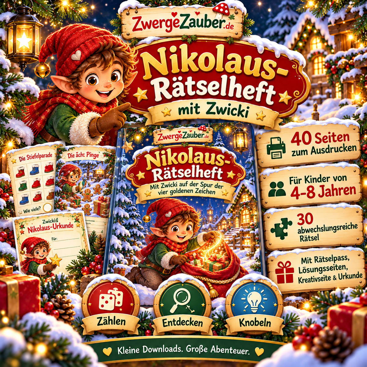 Nikolaus-Rätselheft mit Zwicki für Kinder von 4–8 Jahren, mit 40 Seiten, 30 Rätseln und weihnachtlicher Winterlandschaft.