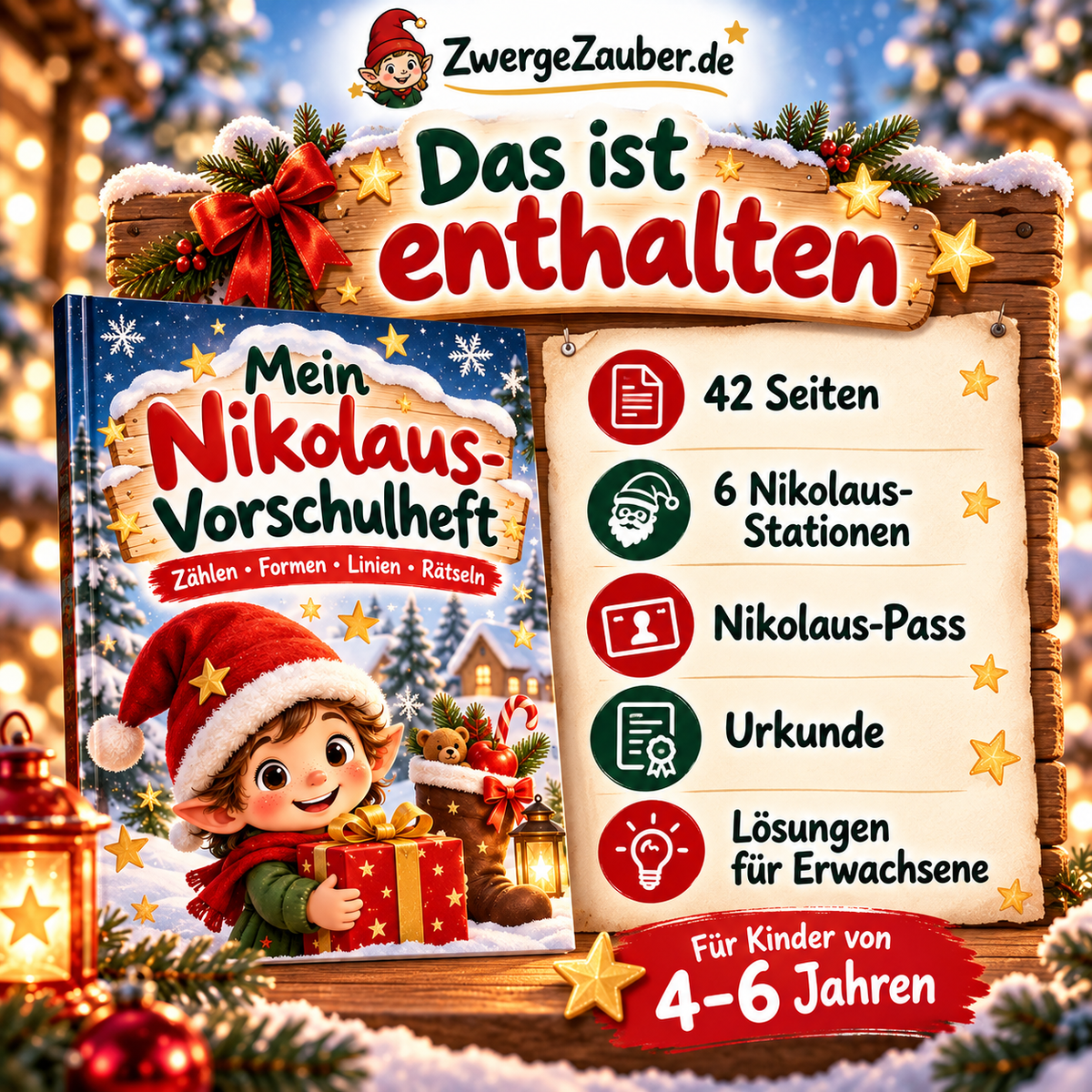 Inhaltsübersicht des Nikolaus-Vorschulhefts: 42 Seiten mit sechs Nikolaus-Stationen, Nikolaus-Pass, Urkunde und Lösungen für Erwachsene.
