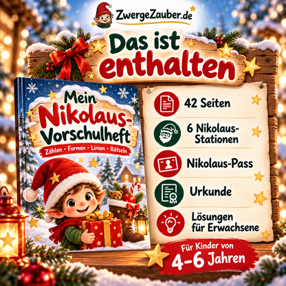 Inhaltsübersicht des Nikolaus-Vorschulhefts: 42 Seiten mit sechs Nikolaus-Stationen, Nikolaus-Pass, Urkunde und Lösungen für Erwachsene.