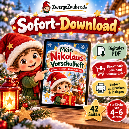 Sofort-Download des digitalen Nikolaus-Vorschulhefts von ZwergeZauber: PDF herunterladen, zu Hause ausdrucken und mit Zwicki lernen.