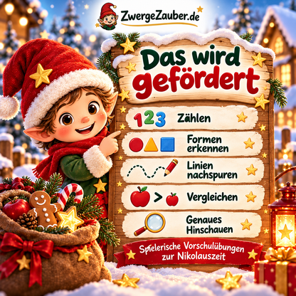 Lerninhalte des Nikolaus-Vorschulhefts mit Zwicki: Zählen, Formen erkennen, Linien nachspuren, Vergleichen und genaues Hinschauen.