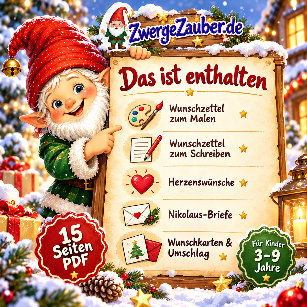 Das ist enthalten im ZwergeZauber Nikolaus-Wunschzettel: Mal- und Schreibvorlagen, Herzenswünsche, Nikolausbriefe, Wunschkarten und Bastelumschlag auf 15 Seiten.