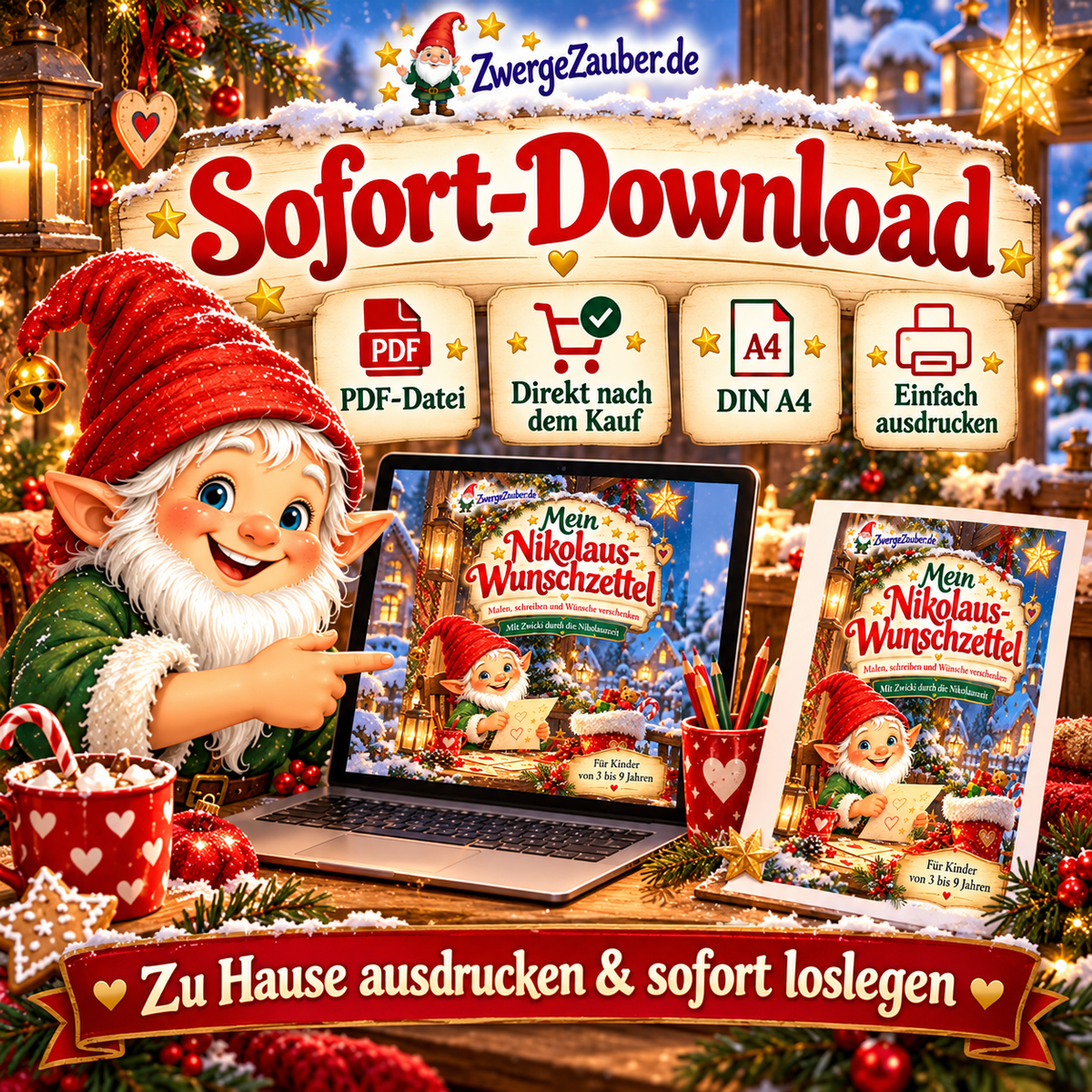 Sofort-Download des ZwergeZauber Nikolaus-Wunschzettels als PDF mit 15 DIN-A4-Seiten zum Ausdrucken; Zwicki zeigt das Produkt auf einem Laptop.