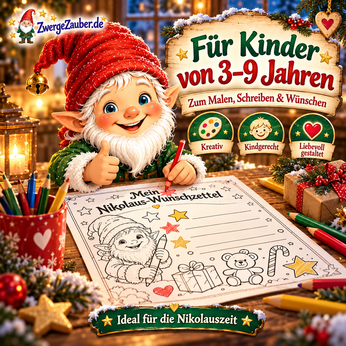 Nikolaus-Wunschzettel von ZwergeZauber für Kinder von 3 bis 9 Jahren: Zwicki gestaltet einen Wunschzettel mit bunten Stiften.