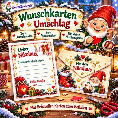 ZwergeZauber Nikolaus-Wunschzettel mit Wunschkarten und Umschlag zum Ausschneiden und Verschenken, festlich illustriert mit Zwicki.