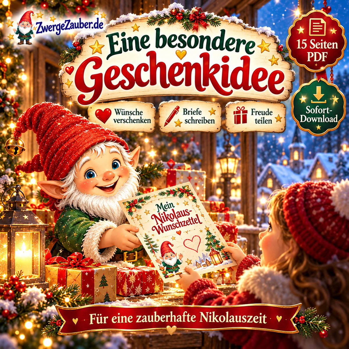 Nikolaus-Wunschzettel als kreative Geschenkidee: Zwicki überreicht einem Kind einen Wunschzettel, 15 DIN-A4-Seiten als PDF zum Sofort-Download.