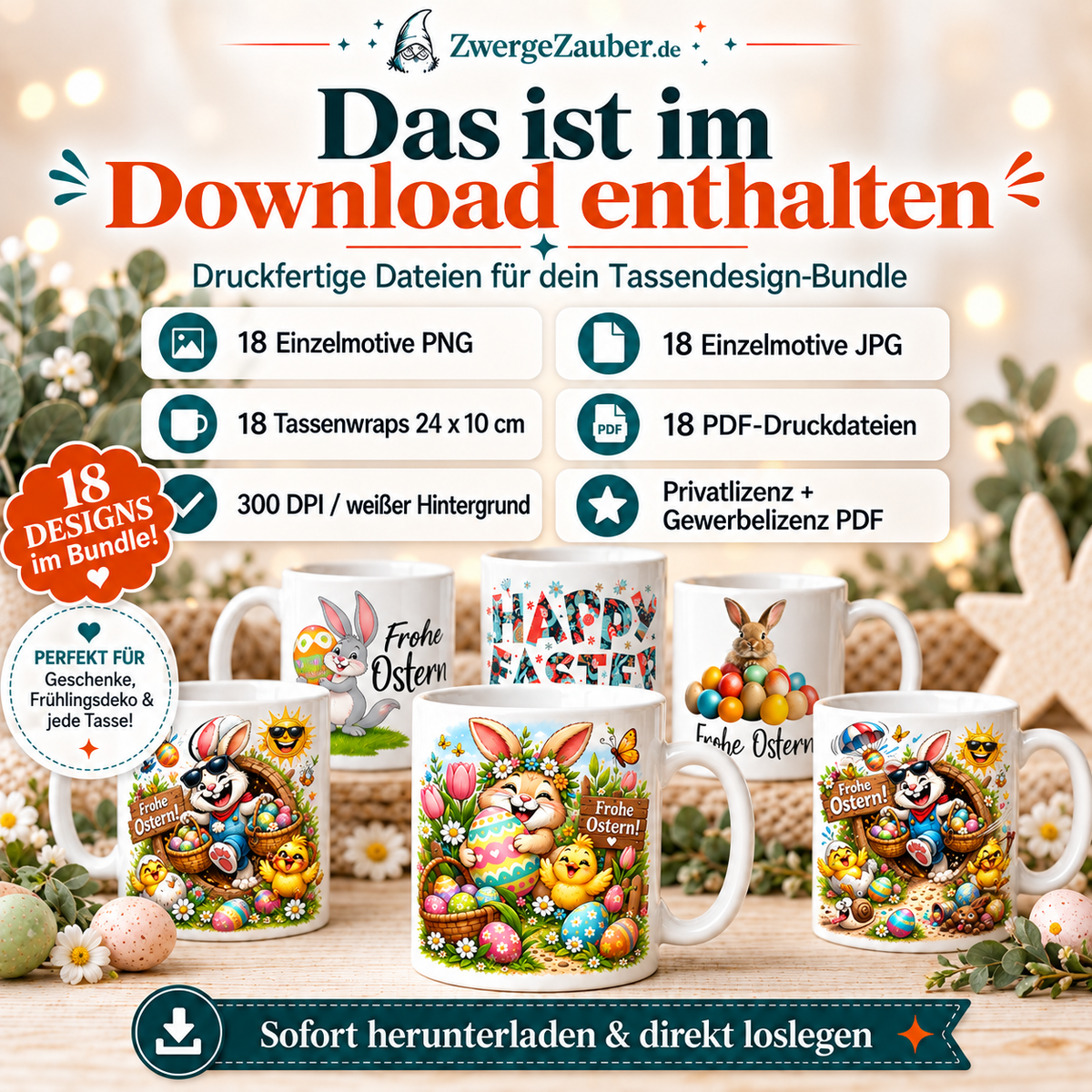 Inhalt des Oster Tassendesign Bundles mit 18 PNG und JPG Motiven, Tassenwraps und PDF Druckdateien