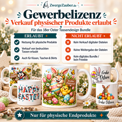 Gewerbelizenz für 18 Oster Tassendesigns zur Herstellung und zum Verkauf physischer Endprodukte