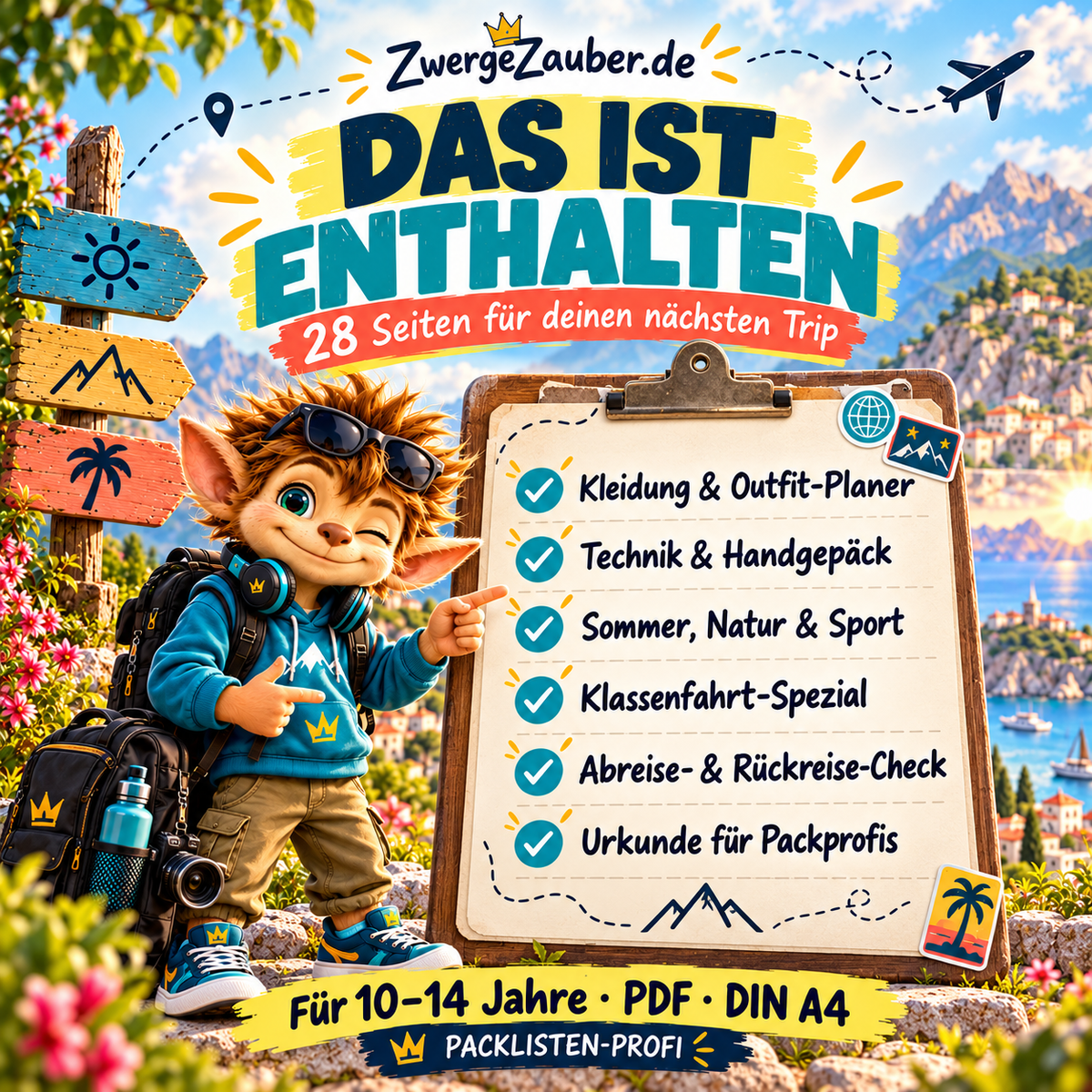 Inhaltsübersicht zum Packlisten-Profi: Kleidung, Technik, Handgepäck, Reisechecks und Abschlussurkunde auf 28 Seiten.
