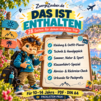 Inhaltsübersicht zum Packlisten-Profi: Kleidung, Technik, Handgepäck, Reisechecks und Abschlussurkunde auf 28 Seiten.