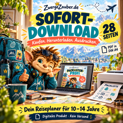 Zwicki am Laptop neben einem Drucker: Packlisten-Profi als PDF-Sofort-Download mit 28 DIN-A4-Seiten zum Ausdrucken.