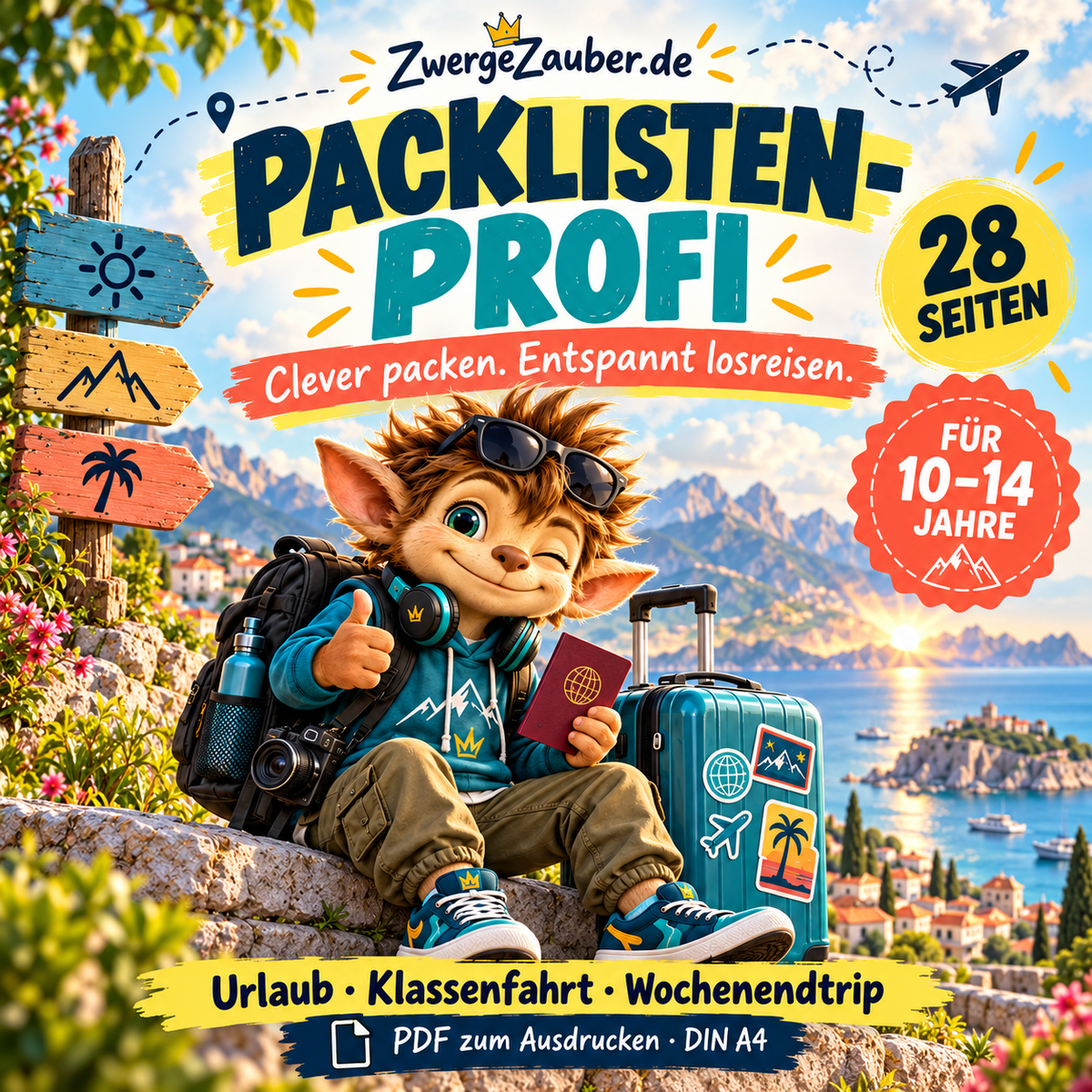Packlisten-Profi von ZwergeZauber mit Zwicki und Reisekoffer: 28 Seiten Reiseplanung für Kinder von 10 bis 14 Jahren.