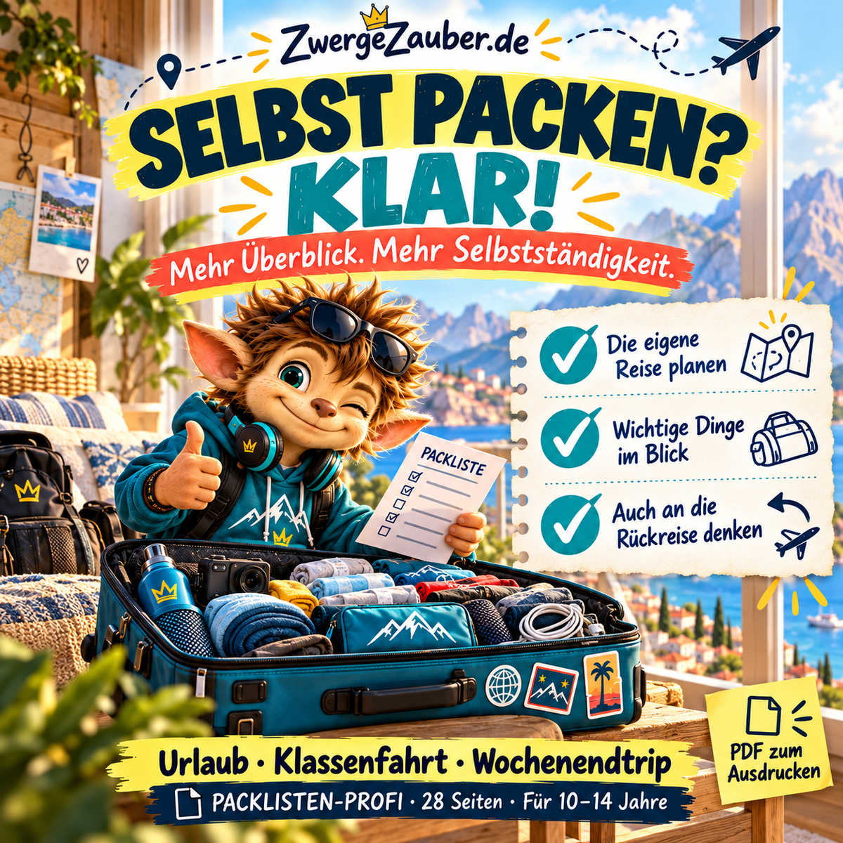 Kleidungs-Checkliste aus dem Packlisten-Profi mit Ankreuzfeldern, Platz für Mengenangaben und Zwicki als Reise-Coach.