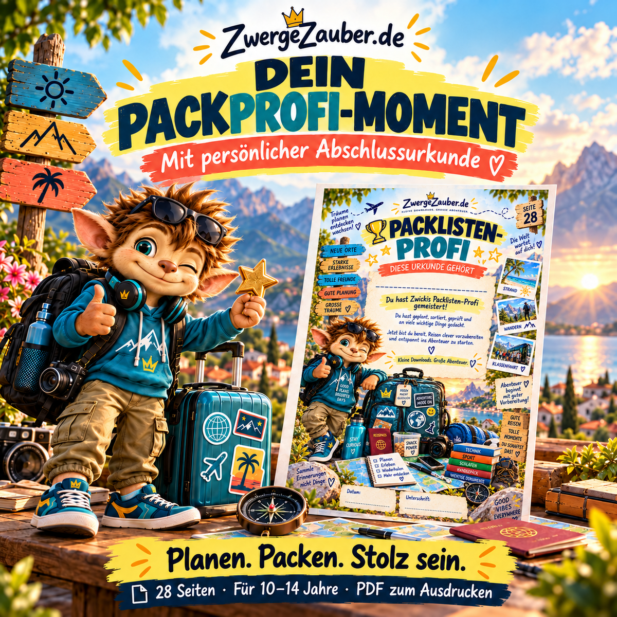 Abschlussurkunde zum Packlisten-Profi mit freiem Namensfeld, präsentiert von Zwicki mit goldenem Stern und Reisekoffer.