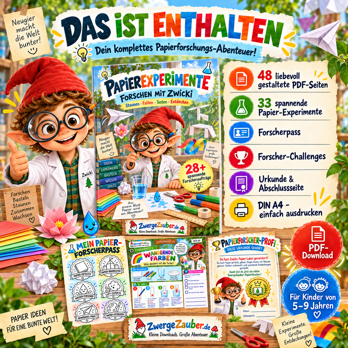 Papierexperimente PDF mit 48 Seiten, 33 Experimenten, Forscherpass, Challenges, Urkunde und kreativen Aufgaben für Kinder 5–9 Jahre