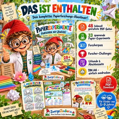 Papierexperimente PDF mit 48 Seiten, 33 Experimenten, Forscherpass, Challenges, Urkunde und kreativen Aufgaben für Kinder 5–9 Jahre