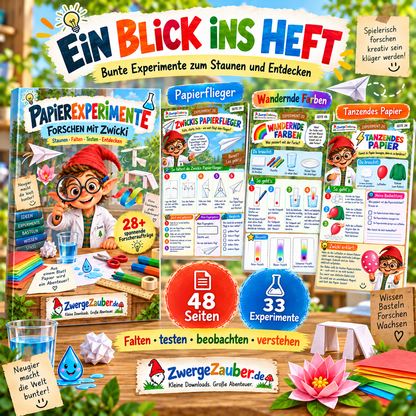 Einblick in das Papierexperimente-Heft mit Papierflieger, wandernden Farben und tanzendem Papier für Kinder von 5–9 Jahren