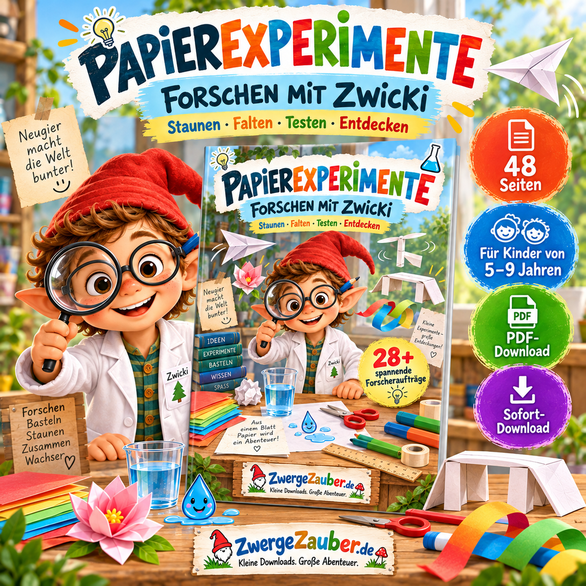 Papierexperimente für Kinder von 5–9 Jahren als PDF mit Zwicki – 48 Seiten voller Experimente, Forscheraufgaben und kreativer Papierideen