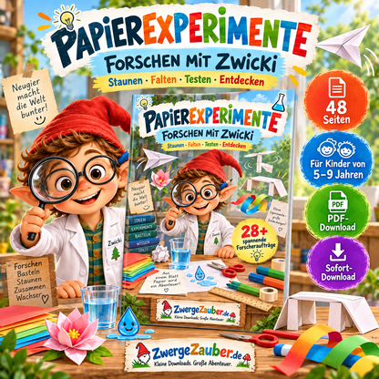Papierexperimente für Kinder von 5–9 Jahren als PDF mit Zwicki – 48 Seiten voller Experimente, Forscheraufgaben und kreativer Papierideen