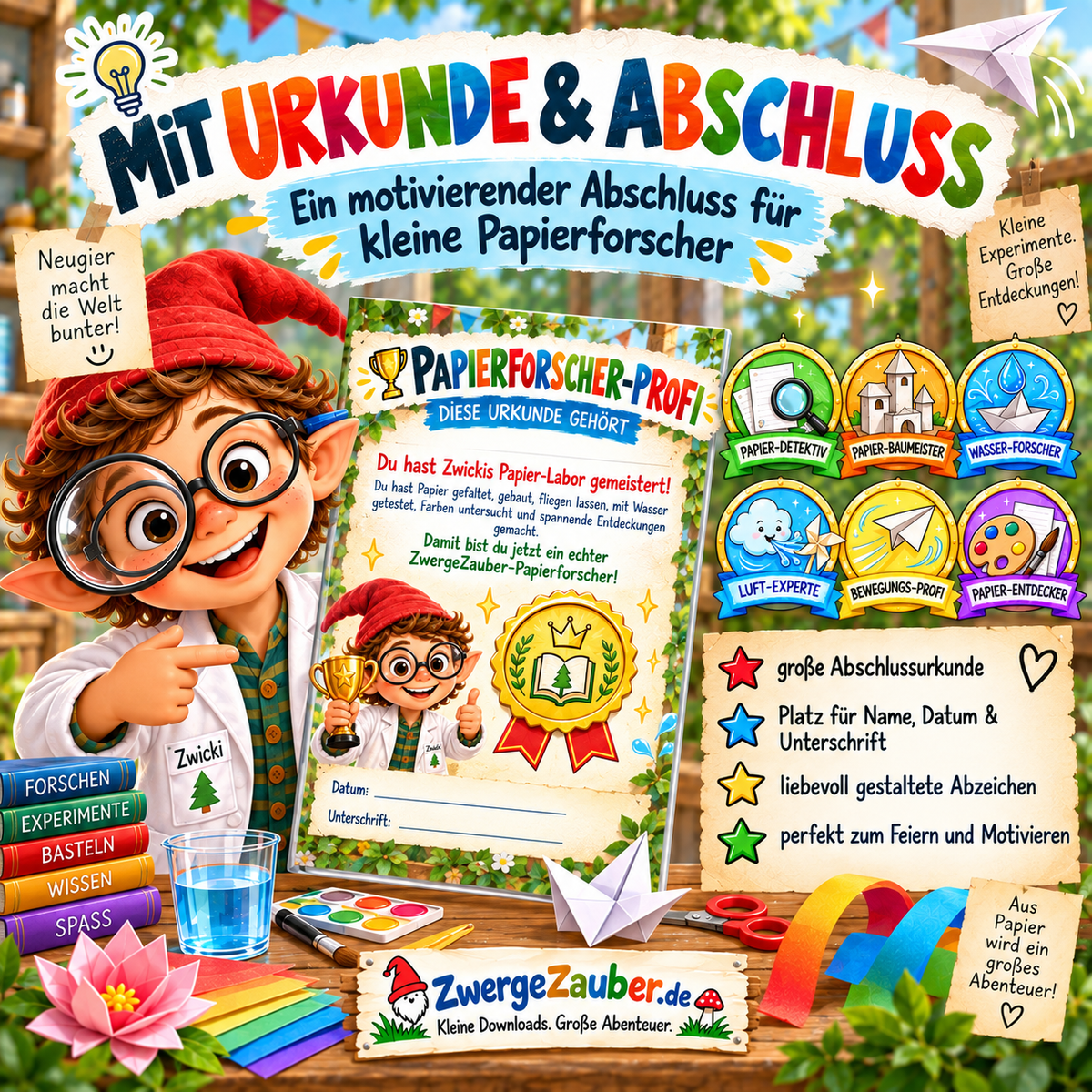 Papierexperimente PDF mit Forscherpass, sechs Abzeichen und Papierforscher-Urkunde als motivierender Abschluss für Kinder