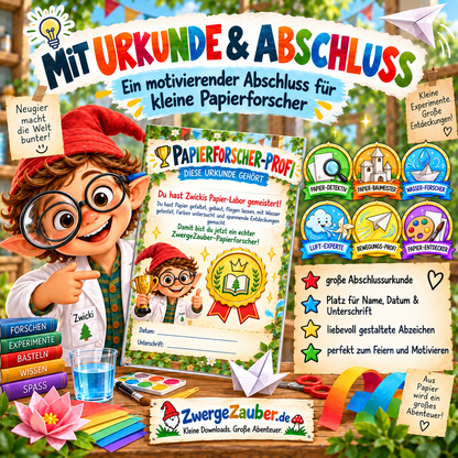 Papierexperimente PDF mit Forscherpass, sechs Abzeichen und Papierforscher-Urkunde als motivierender Abschluss für Kinder