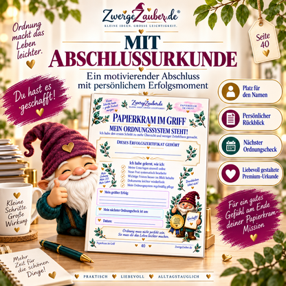 Hochwertige Abschlussurkunde aus dem ZwergeZauber Workbook Papierkram im Griff mit Namensfeld, persönlichem Erfolgsrückblick und Zwicki.