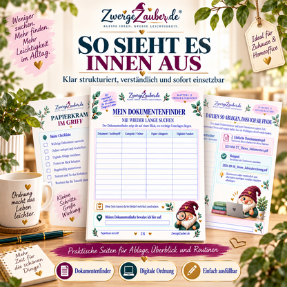 Einblick in das ZwergeZauber Workbook Papierkram im Griff mit Dokumentenfinder, digitalen Ablageplänen und ausfüllbaren Organisationstabellen.