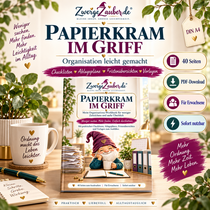 Papierkram im Griff – ZwergeZauber Organisations-Workbook mit 40 Seiten, Checklisten, Ablageplänen und Zwicki für Erwachsene.