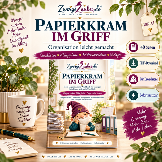 Papierkram im Griff – ZwergeZauber Organisations-Workbook mit 40 Seiten, Checklisten, Ablageplänen und Zwicki für Erwachsene.