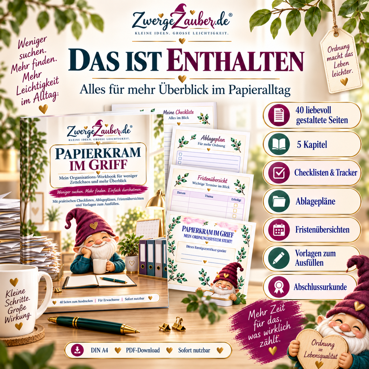 Inhalt des Papierkram im Griff PDF-Workbooks mit 40 Seiten, fünf Kapiteln, Checklisten, Ablageplänen, Fristenübersichten und Abschlussurkunde.