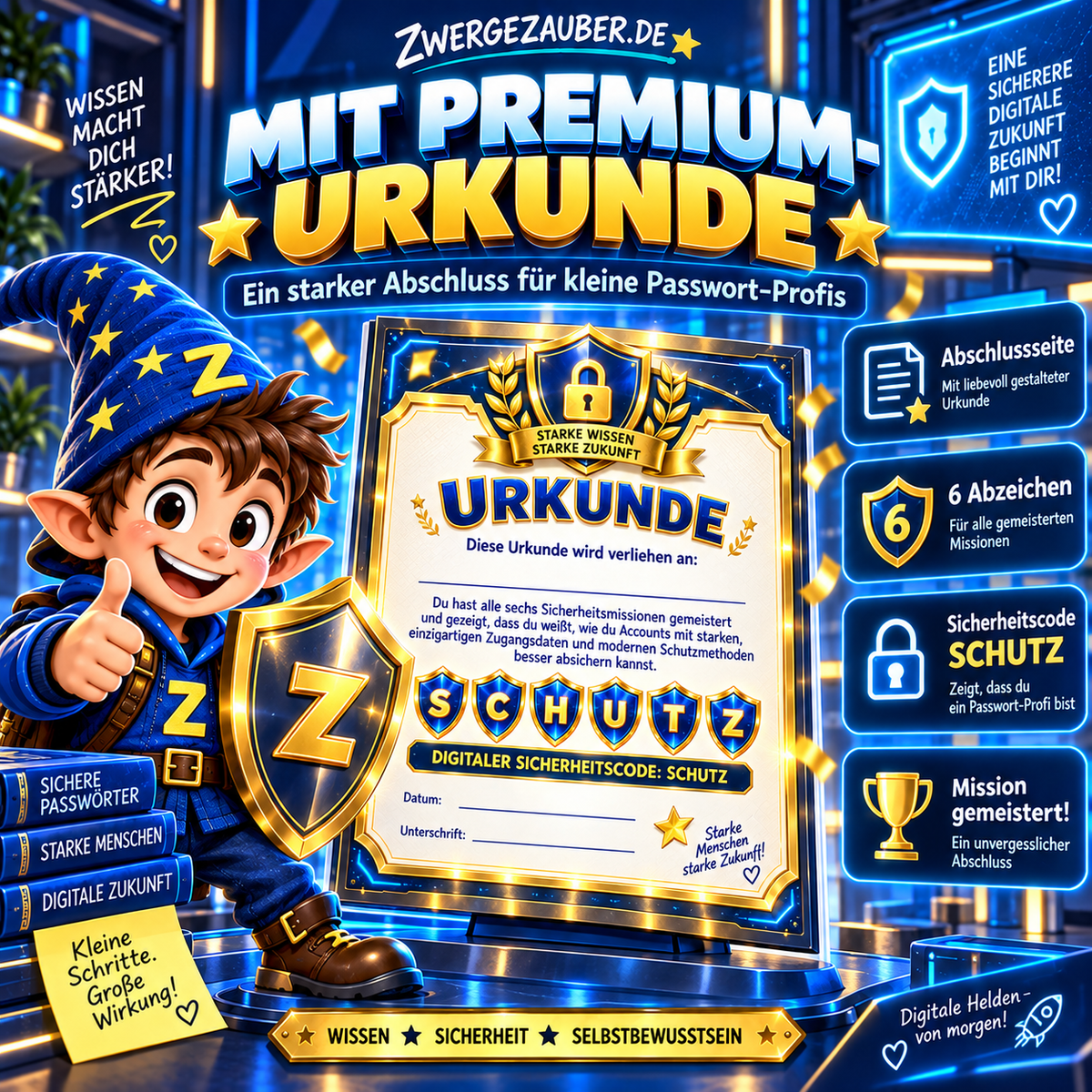 Passwort-Profi Abschlussurkunde mit sechs Abzeichen und Sicherheitscode SCHUTZ für Kinder von 10 bis 14 Jahren.