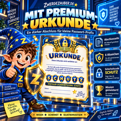 Passwort-Profi Abschlussurkunde mit sechs Abzeichen und Sicherheitscode SCHUTZ für Kinder von 10 bis 14 Jahren.