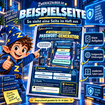 Beispielseite aus dem Passwort-Profi-Lernheft: Passwort-Generator mit Aufgaben zu langen und einzigartigen Passwörtern im modernen Cyber-Labor-Layout.