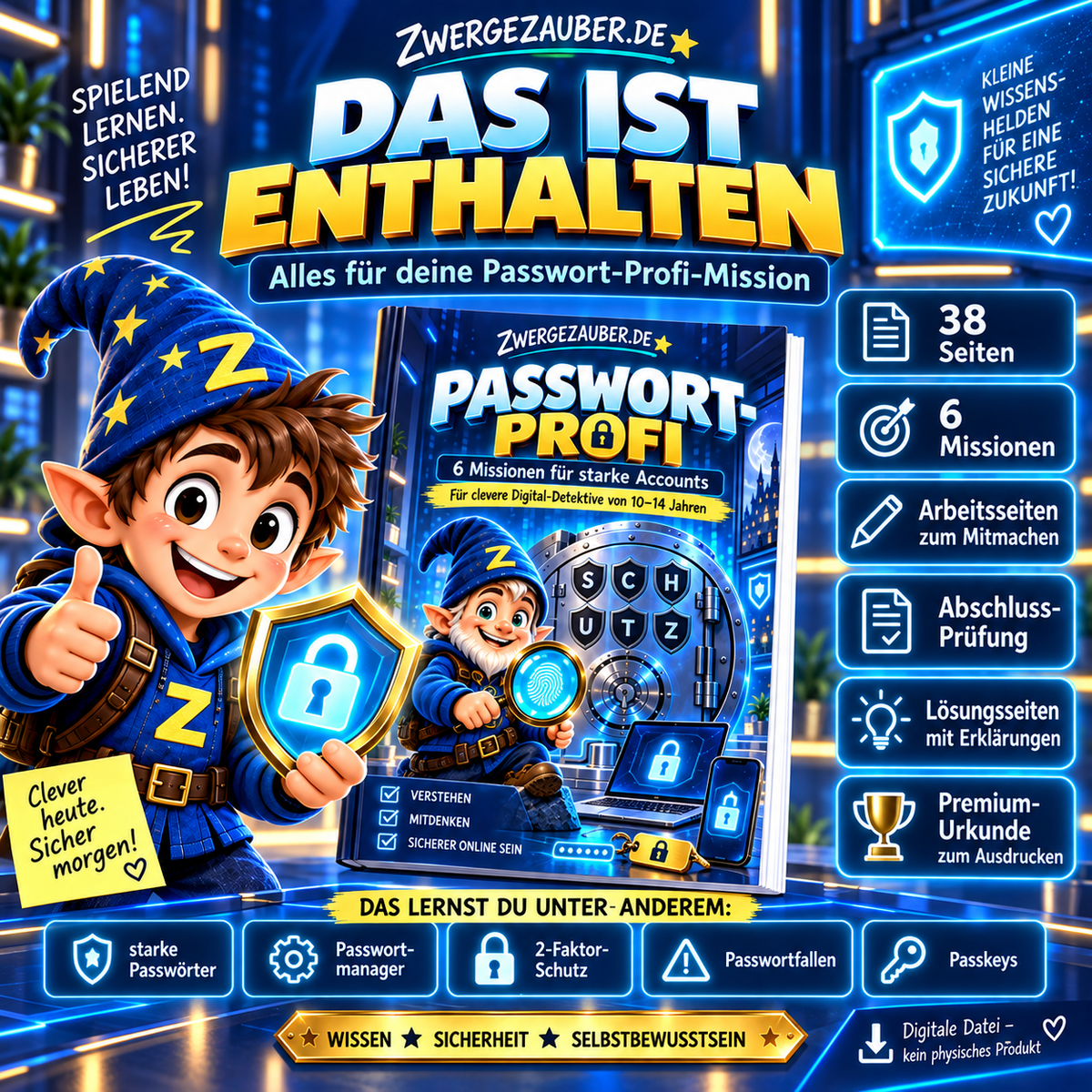 Das ist enthalten im Passwort-Profi: 38 PDF-Seiten mit sechs Sicherheitsmissionen, Mitmachaufgaben, Abschlussprüfung, Lösungsseiten und Urkunde.