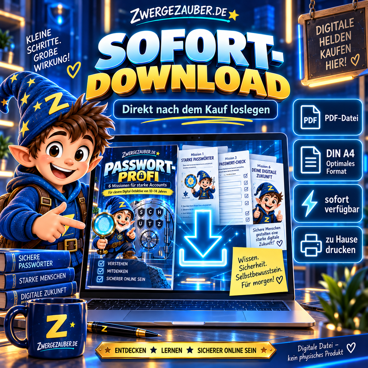 Passwort-Profi als digitaler PDF-Sofortdownload: 38 DIN-A4-Seiten zum Ausdrucken für Kinder und Jugendliche von 10 bis 14 Jahren.