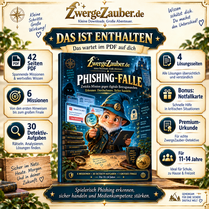 Das ist enthalten im Phishing-Falle PDF: 42 Seiten, sechs Missionen, 30 Detektiv-Aufgaben, vier Lösungsseiten, Notfallkarte und Urkunde für 11–14 Jahre.