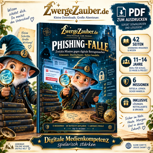 Phishing-Falle von ZwergeZauber – interaktives PDF-Lernabenteuer mit Zwicki für Kinder von 11–14 Jahren, 42 Seiten mit sechs Cyber-Detektiv-Missionen.