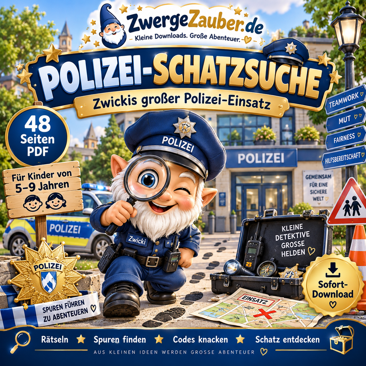 Polizei-Schatzsuche für Kinder von 5 bis 9 Jahren als 48-seitiger PDF Download mit Rätseln, Spuren und Codes