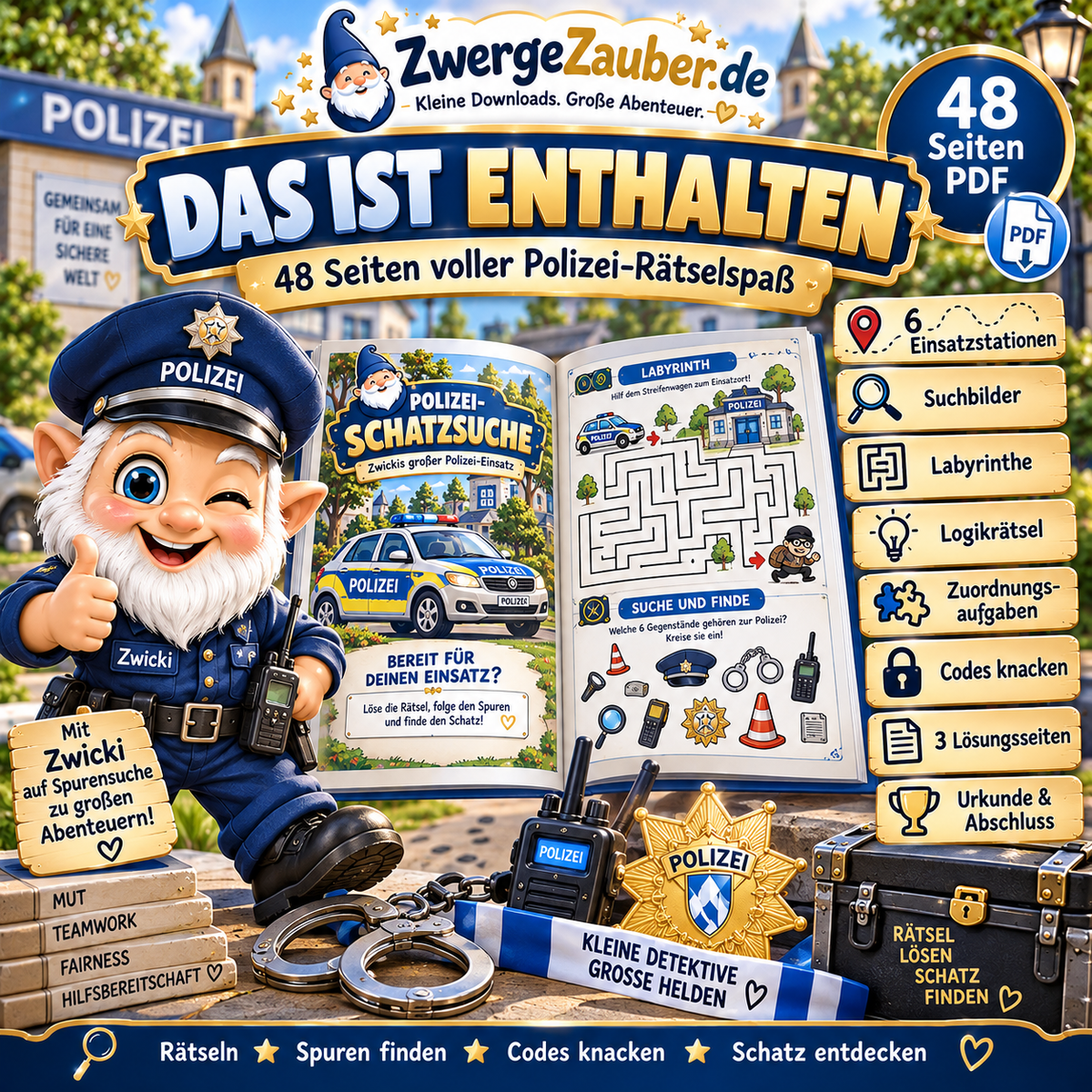 Das ist enthalten in der Polizei-Schatzsuche: 48 Seiten mit 6 Einsatzstationen, Suchbildern, Labyrinthen, Logikrätseln und Lösungen