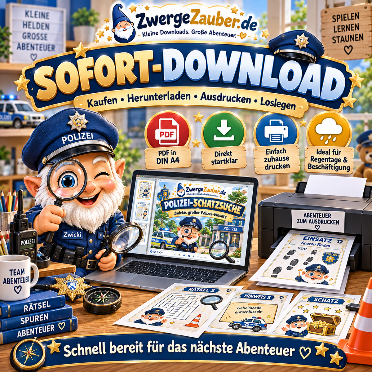Polizei-Schatzsuche als sofort verfügbarer DIN-A4 PDF Download zum Ausdrucken und direkten Losrätseln