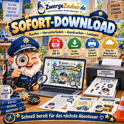 Polizei-Schatzsuche als sofort verfügbarer DIN-A4 PDF Download zum Ausdrucken und direkten Losrätseln