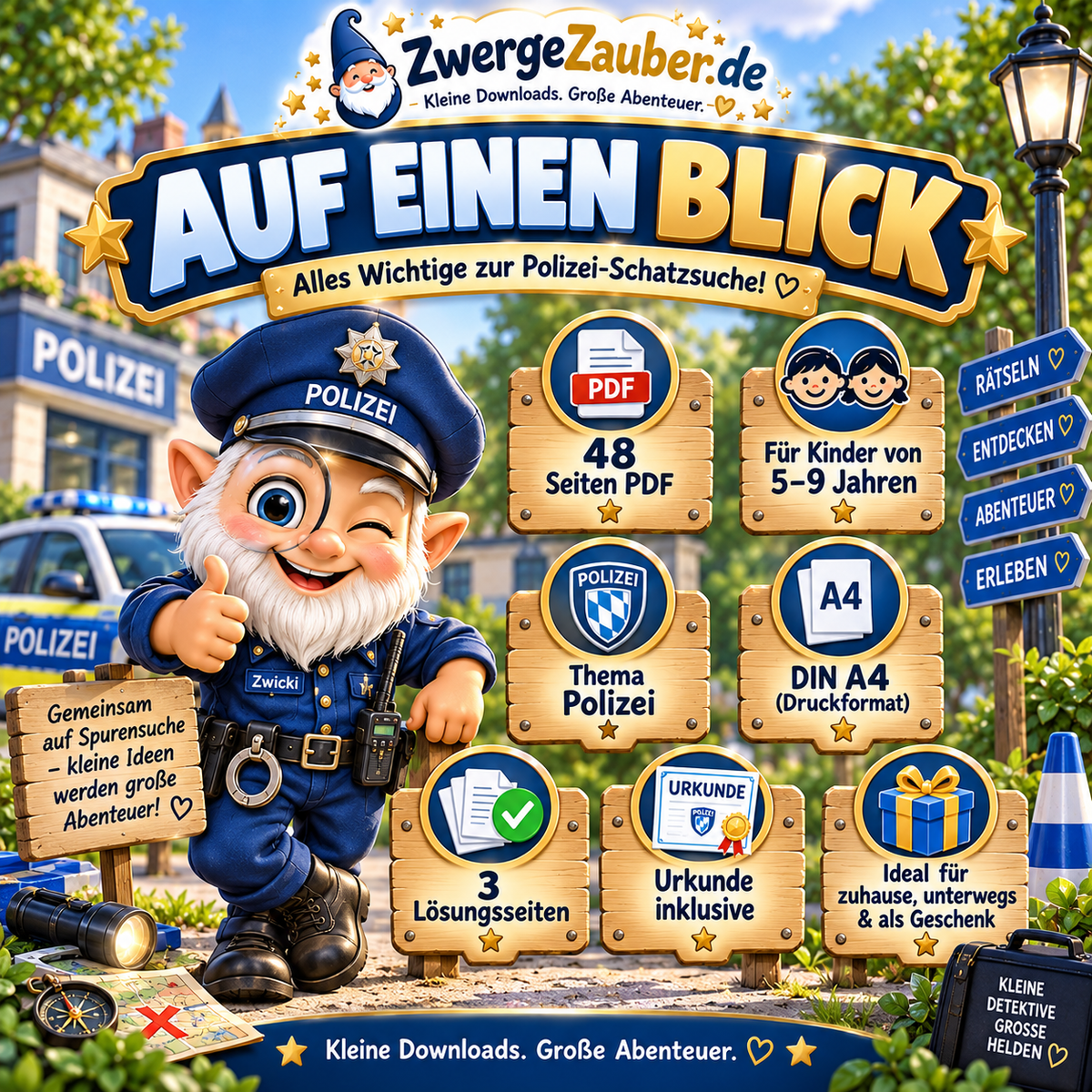 Polizei-Schatzsuche auf einen Blick: 48 Seiten PDF, DIN A4, für Kinder von 5 bis 9 Jahren, mit Lösungen und Urkunde