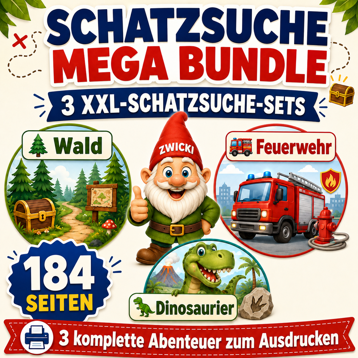 Schatzsuche Mega Bundle XXL von ZwergeZauber mit Wald-, Feuerwehr- und Dino-Schatzsuche, 184 Seiten PDF zum Ausdrucken.