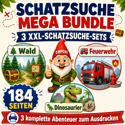 Schatzsuche Mega Bundle XXL von ZwergeZauber mit Wald-, Feuerwehr- und Dino-Schatzsuche, 184 Seiten PDF zum Ausdrucken.